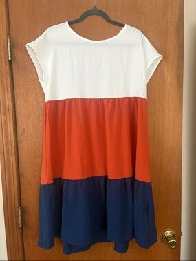 SHEIN White Orange Navy Colorblock Tiered Casual Dress